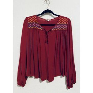 Easel Top Womens Large Red Embroidered Peasant Tie Neck Puffy Sleeve Boho Hippie